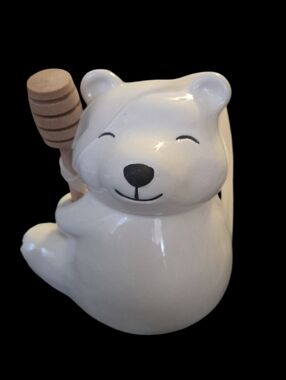 Ceramic White Bear Honey Pot with Wooden Dipper - Charming Home Accent